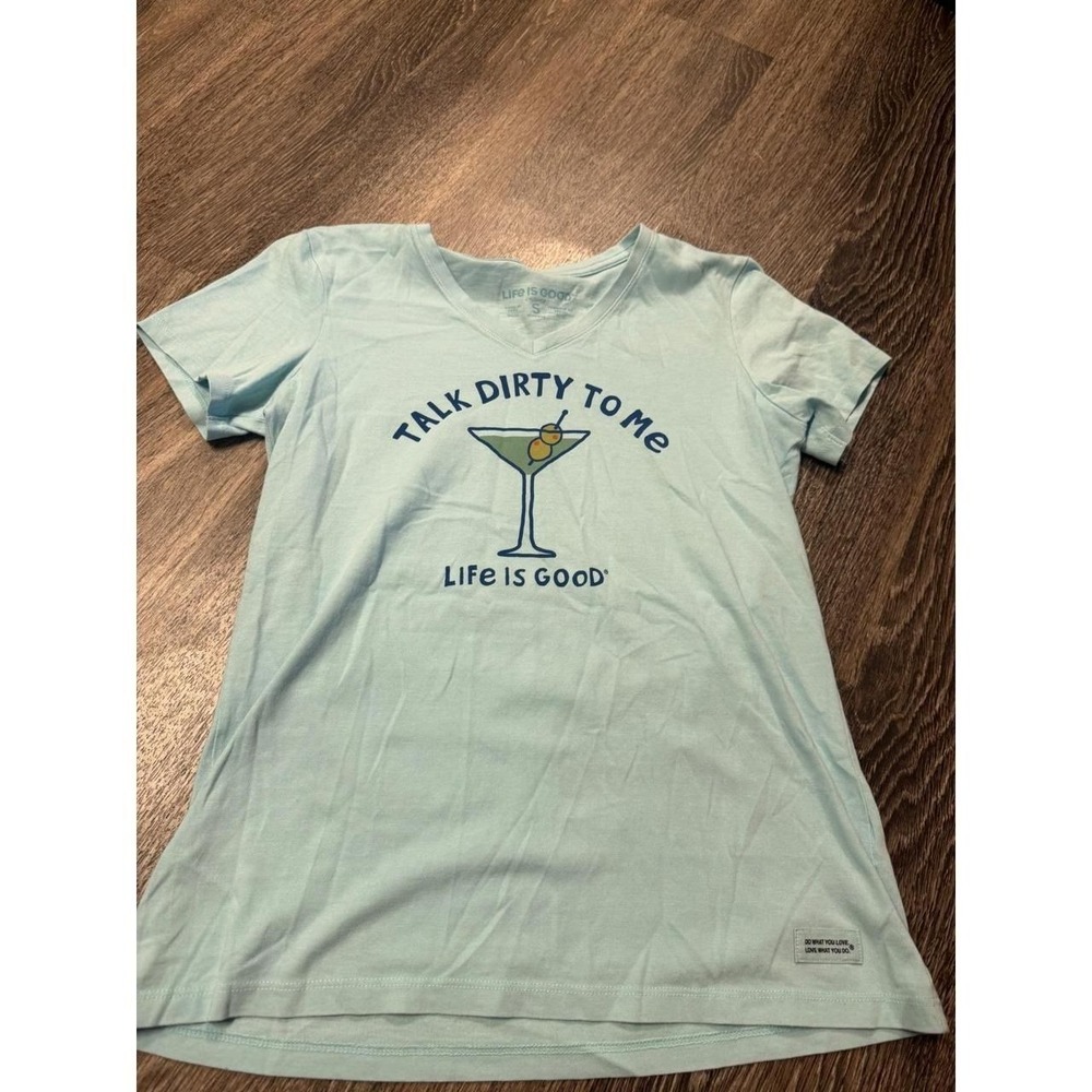 Life is Good Womens Crusher Tee Talk Dirty To Me Martini Graphic V-Neck Blue S